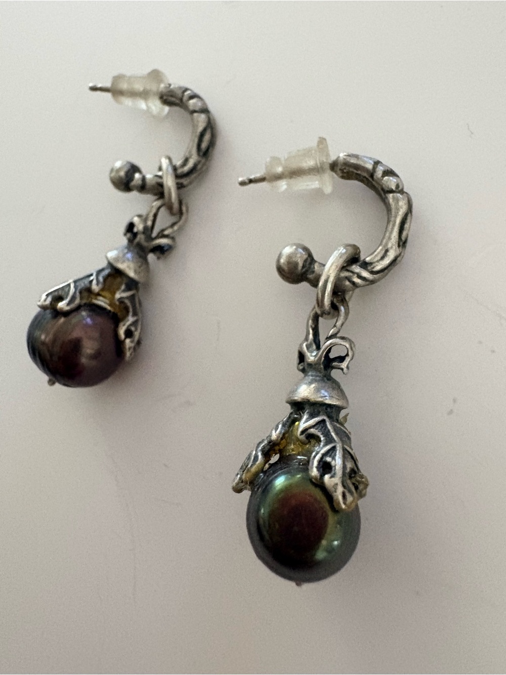 Alana Leigh Sterling Silver Drop Earrings with Dark Peacock Pearl